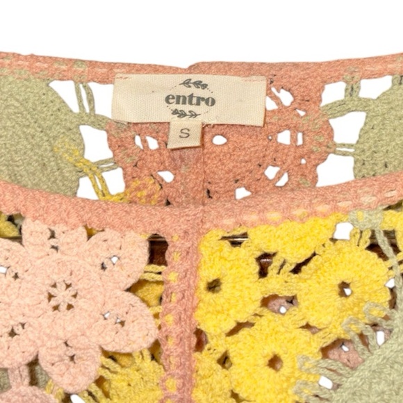 Entro Knit Crochet Floral Multi Color Pastel Cropped Long Sleeve Lace Top Small - Picture 9 of 14